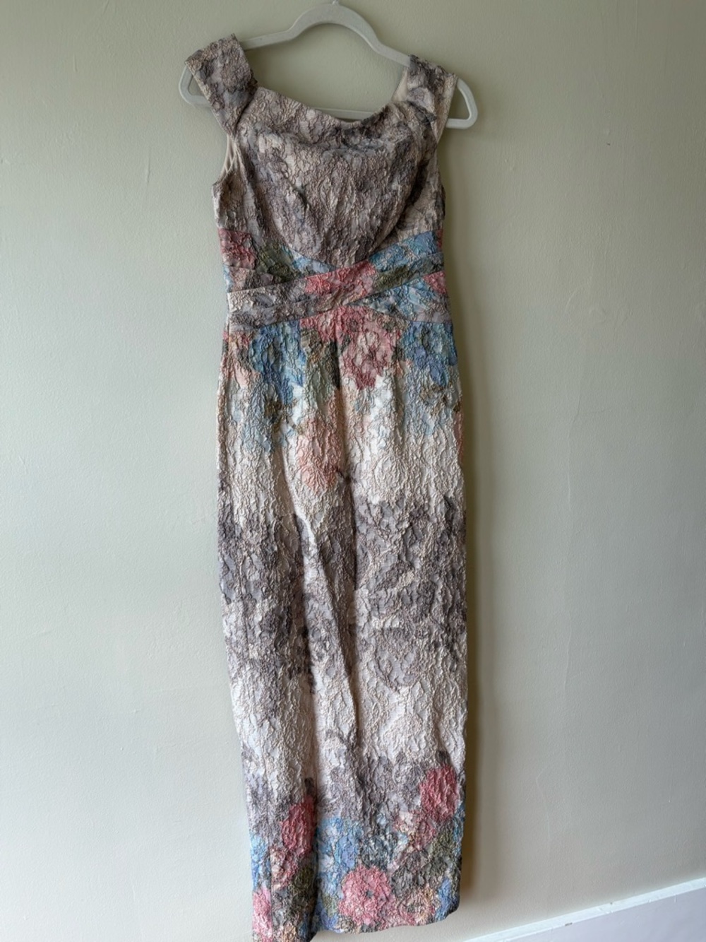 Adrianna Papell Neutral Lace Maxi Dress with Pink & Blue Floral Accents
